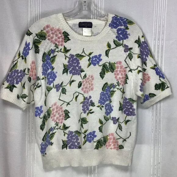 VTG Herman Geist Floral Cotton Blend Knit Short Sleeve Sweater Sz.M - Picture 7 of 7